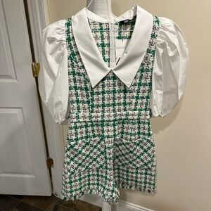 Green & White Tweed Romper with Peter Pan Collar